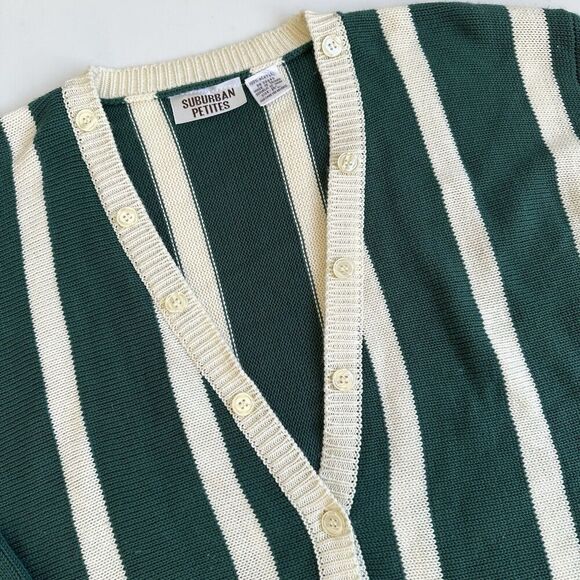 Vintage Suburban Petites Cardigan Sweater Green Cream Stripe Knit Women’s PL - Picture 2 of 9